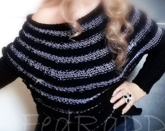 Women s Black Sweater Hand Knit Tunic in black and white,Circular knitting loose unstructured sweater FREE Shipping! S ,M, L,