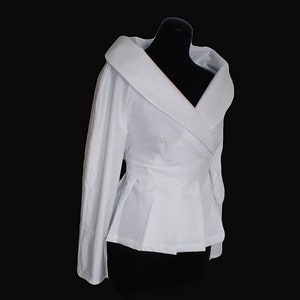 White Blouse Wrap Cotton Shirt, large collar,tie closure, wedding blouse,custom order mother of the bride shirt ,with or without pleats image 3