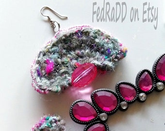 Handmade earrings, knitted, decorated with beads, women's jewelry, gray pink, one piece,boho style, unique gift,slow fashion FREE shipping !