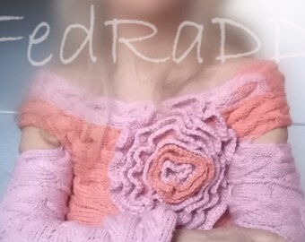 Hand-Knit Spiral Braid Sweater with 3D Crochet Rose, Pink Orange Knitwear Pullover