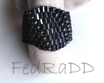 Black handmade ring in the peyote technique of stringing beads. I use the best Japanese TOHO beads, crystals and silk thread.Unisex.