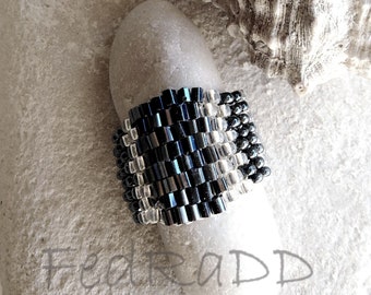 Black silver handmade ring in the peyote technique of stringing beads. I use the best Japanese TOHO beads, crystals and silk thread.Unisex.