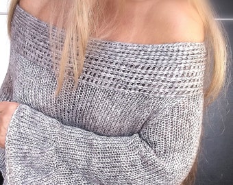 Hand-Knitted Silver Metallic Crop Sweater, Off-Shoulder Pleated Jumper