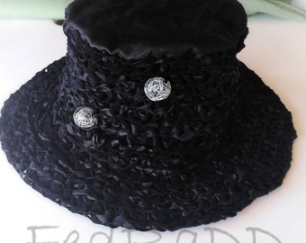 Hand-Crochet Black Leather Bucket Hat, Artisan Ribbon Fisherman Style