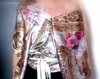 One-of-a-Kind Italian Silk Satin Kimono Blouse, Mint Green Detail Tunic