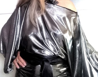 Silver Lamé Kimono Dress, Pencil Silhouette, One-of-a-Kind Evening Gown