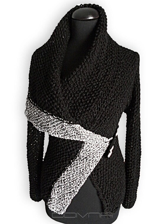 Wrap Sweaterblack Tunic Hand Knit Grey 
