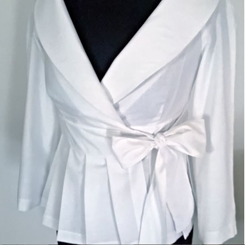 White Blouse Wrap Cotton Shirt, large collar,tie closure, wedding blouse,custom order mother of the bride shirt ,with or without pleats image 5
