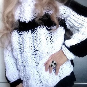 White braided woman&#39;s sweater,hand knitted, size M,L soft ,gentle on the skin,warm and cozy,black  back and white front