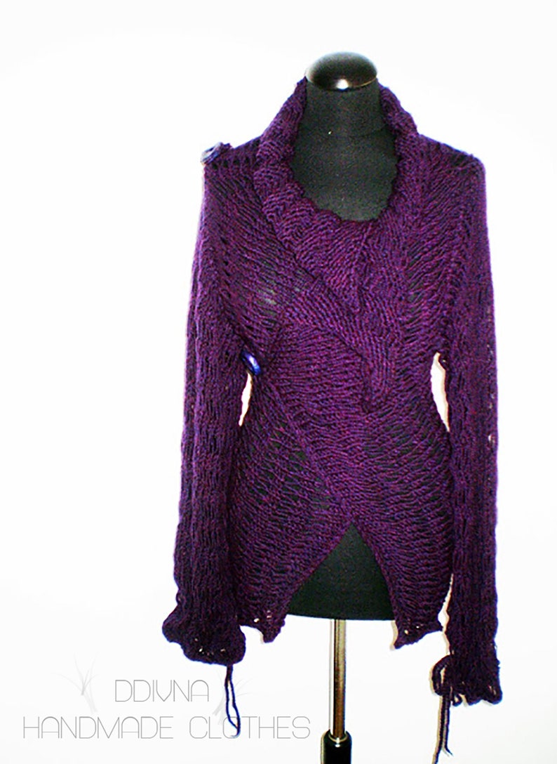 Sweater wrap purple woman cardigan loosesoft hand knitlight image 0