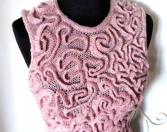 Pale Pink Hand Knit Brain Crop Top, Anatomical Wavy Sleeveless Vest