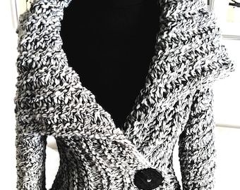 Hand-Knit Black and White Wrap Sweater, Cropped Cardigan, Artistic Knitwear S-L