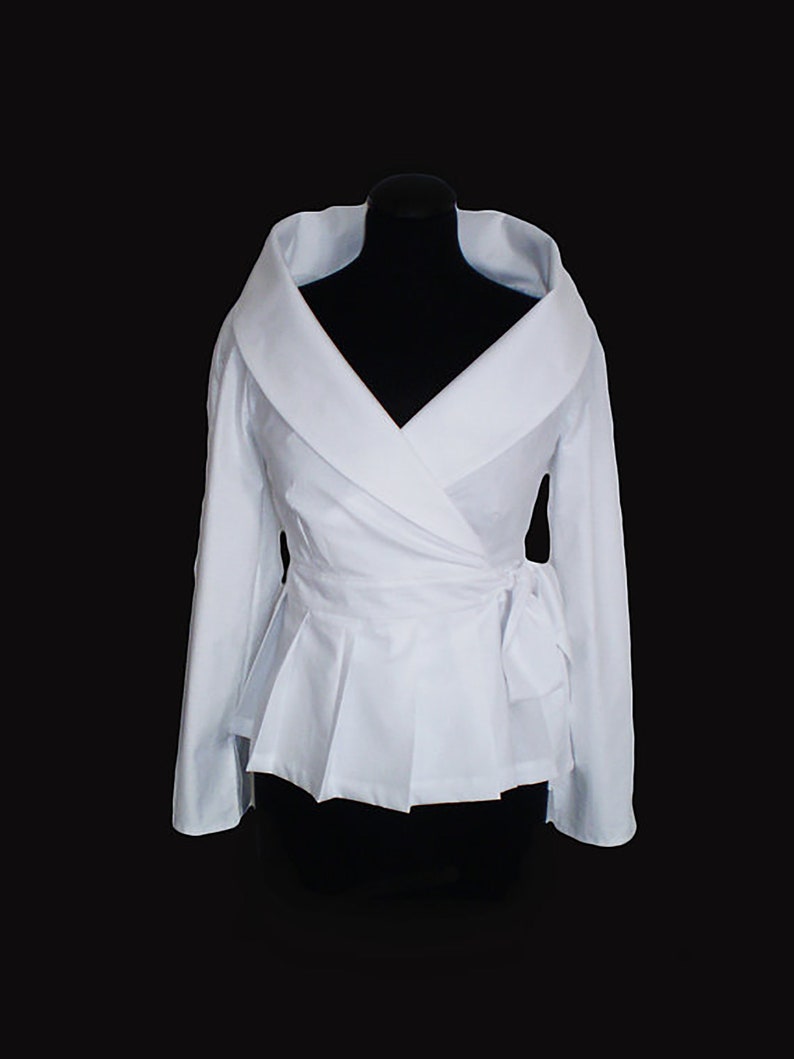 White Blouse Wrap Cotton Shirt, large collar,tie closure, wedding blouse,custom order mother of the bride shirt ,with or without pleats image 6