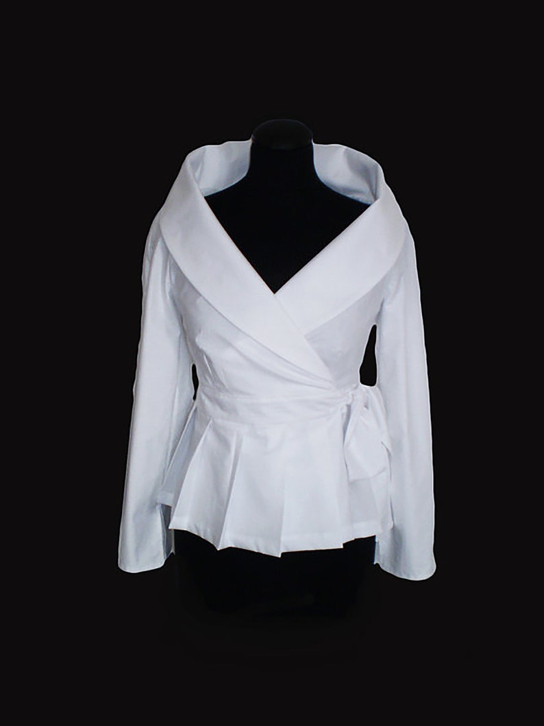 White Blouse Wrap Cotton Shirt large collartie closure image 2