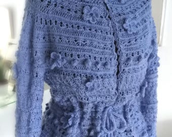 Light Blue Lace Knit Cardigan, Angora Gold Yarn, Pom Pom Tie Bolero, Boho Shrug