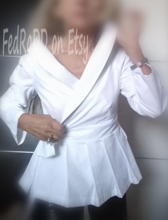 White Blouse Wrap Cotton Shirt, Large Collar,tie Closure White Blouse Wrap Cotton Shirt, Large Collar,tie Closure