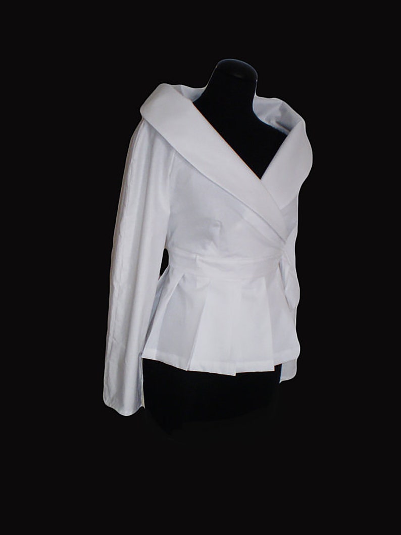 White Blouse Wrap Cotton Shirt, large collar,tie closure, wedding blouse,custom order mother of the bride shirt ,with or without pleats image 3