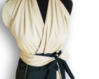 Linen dress, wrap dress size M/L with a belt and open back/asymmetrical /sleeveless/Black and beige,sand linen tunic ,FREE Shipping,