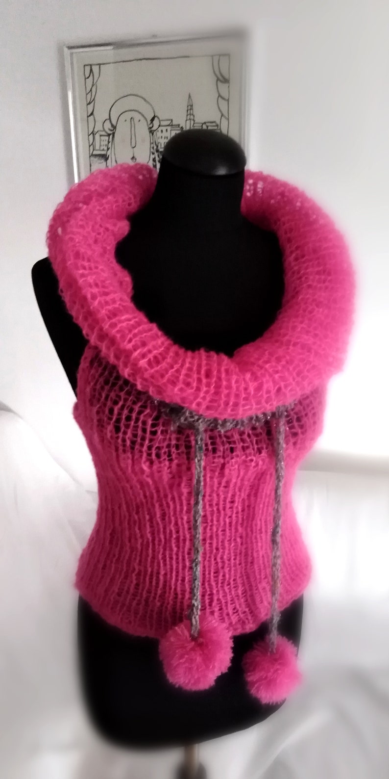 Magenta Sweater Top,handknit Light and Soft,open Back,with High Neck or Hood, Unique Piece ...