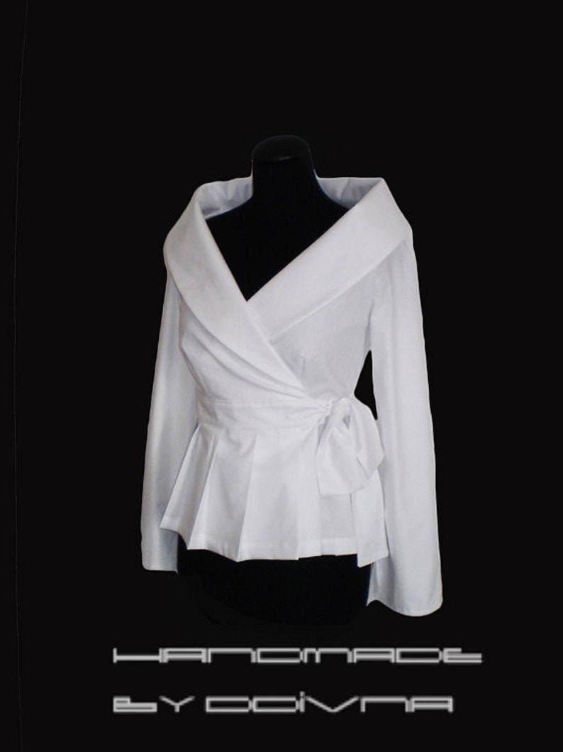 White Blouse Wrap Cotton Shirt, large collar,tie closure, wedding blouse,custom order mother of the bride shirt ,with or without pleats image 1