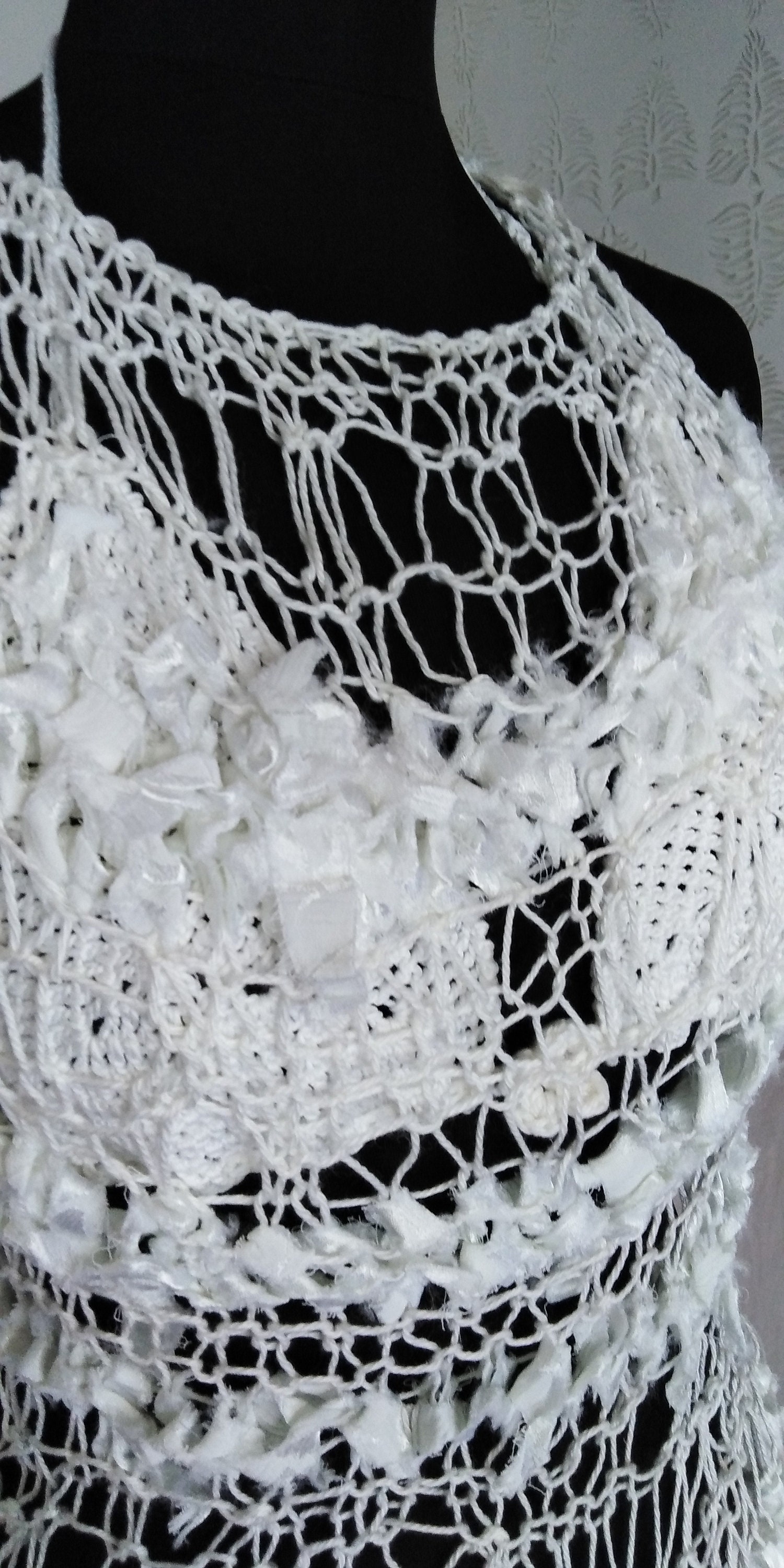 White Cotton Knit Tunic Top Sweater Hand Knitted Loose Summer Wedding Party Sweater With Top Bra ...
