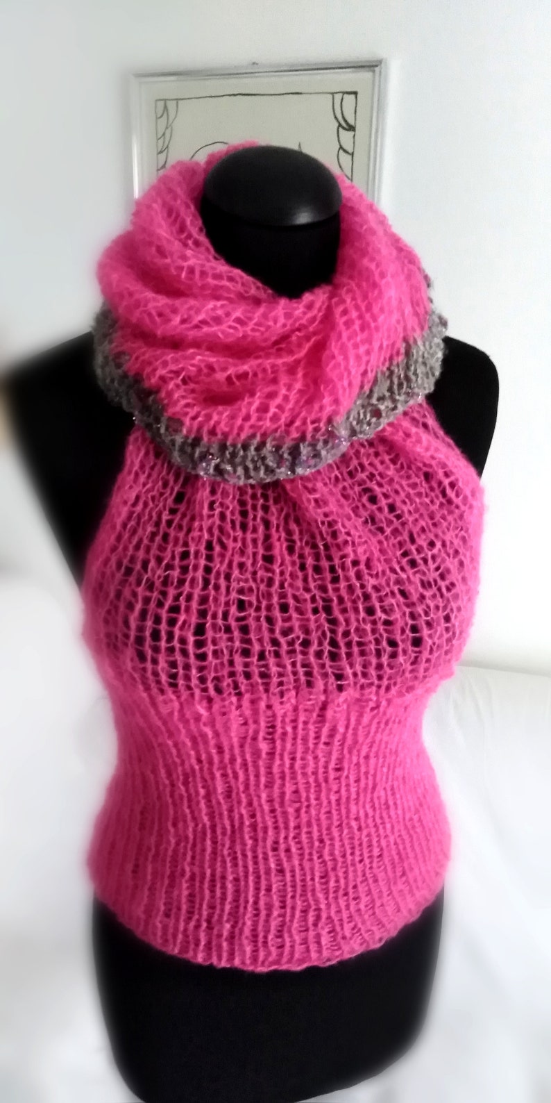 Magenta Sweater Top,handknit Light and Soft,open Back,with High Neck or Hood, Unique Piece ...
