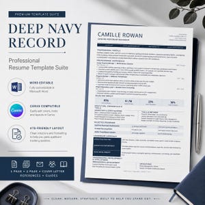 May include: A professional resume template suite titled Deep Navy Record, featuring a clean layout with dark blue text on a white background. The document includes sections for professional profile, experience, education, and skills, with icons for Word and Canva.