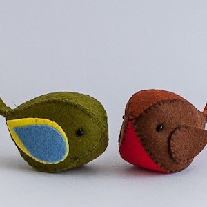 May include: Two felt bird ornaments, one green with a blue and yellow wing and one brown with a red breast.
