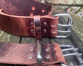 Buffalo leather 2" (50mm) wide belt with 2 prong nickel plated steel roller buckle 3.5-4mm thick full grain leather choice of 9 colours