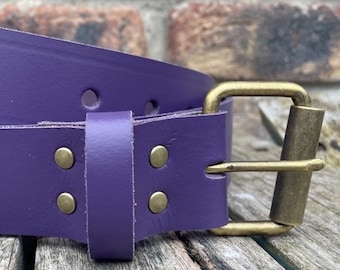 Purple Real Leather Belt with Antique Brass Look Buckle Choice of width 3/4" (19mm) - 2" (50mm) Handmade from leather whole butt splits