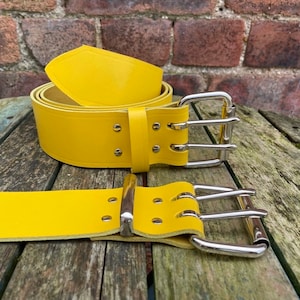 Gelber Leder Doppel-Zinken-Gürtel 1 1/2 &quot;(38mm) oder 2&quot; (50mm) Breite Handgemachte 100% echtes Leder Wahl der keeper Loop 2 Prong Schnalle