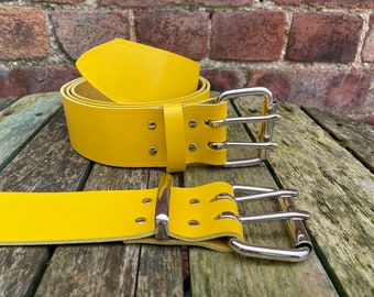 Yellow Leather Double Prong Belt 1 1/2" (38mm) or 2" (50mm) Wide Handmade 100% Real Leather Choice of Keeper Loop 2 Prong Buckle