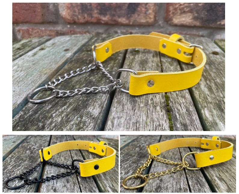 Real Leather Martingale Chain Choker Necklace Choice of Leather & Chain Colour Handmade Goth Punk Yellow