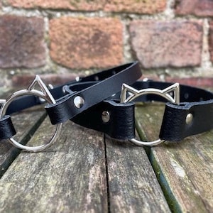 Collier ras de cou avec tête de chat en cuir véritable au choix couleurs et largeur 10 mm ou 20 mm fait main gothique punk