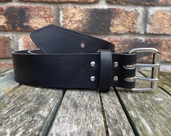 Black 2 Pronged Buffalo Leather Handmade Plain Belt 3.5-4mm Thick Full Grain 1 1/2&quot; (38mm) or 2&quot; (50mm) Wide Leather