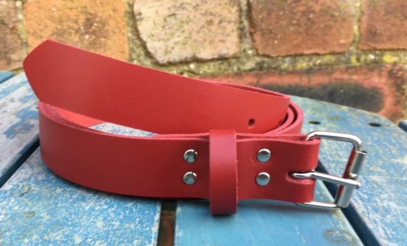 Red Real Leather Belt 3/4 19mm 1 1/2 38mm Choice of width, buckle, keeper loop & size Handmade from leather whole butt splits zdjęcie 3