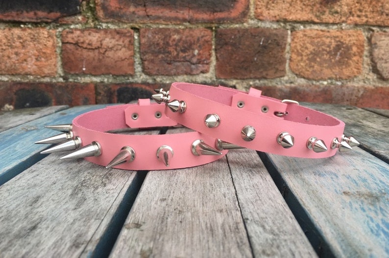 Real Leather Spiked Choker Necklace Choice of Colour and Spike Sizes Handmade Goth Punk Pink