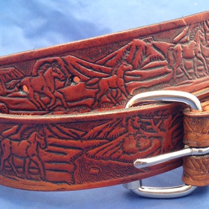 Natural Veg Tan Horses Embossed Leather Belt Handmade Choice of Colours & Buckles Valencia Leather