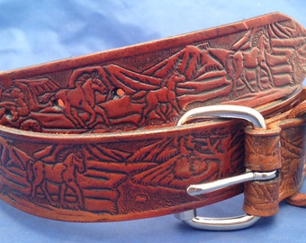 Natural Veg Tan Horses Embossed Leather Belt Handmade Choice of Colours & Buckles Valencia Leather