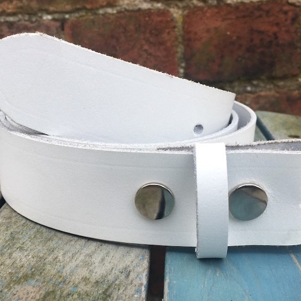 White Leather Press Stud Snap Belt Choice of Widths 3/4" (19mm) - 2" (50mm) add your own buckle Handmade from leather whole butt splits