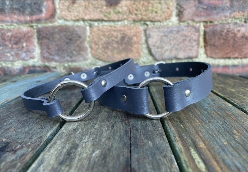Real leather o-ring choker necklace 10mm or 19mm wide choice of 13 colours 12.5-15.5 inches or custom size handmade collar goth punk Grey