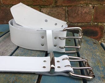 White Leather Double Prong Belt 1 1/2" (38mm) or 2" (50mm) Wide Handmade 100% Real Leather Choice of Keeper Loop 2 Prong Buckle