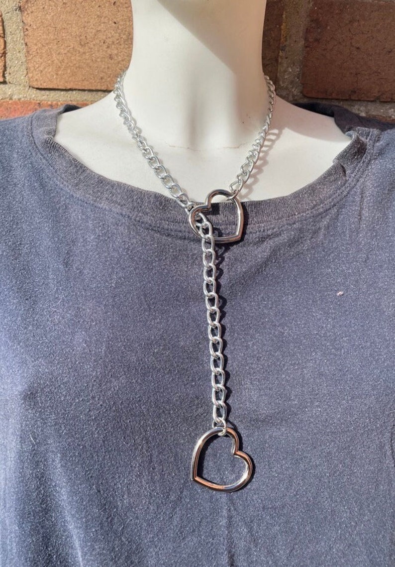 Slip Chain Choker Halskette mit Herz, Katze oder O-ring Handmade Goth Punk 2 Heart rings