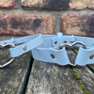 Real leather heart ring choker necklace 10mm or 19mm wide choice of 13 colours 12.5-15.5 inches or custom size handmade collar goth punk Baby blue