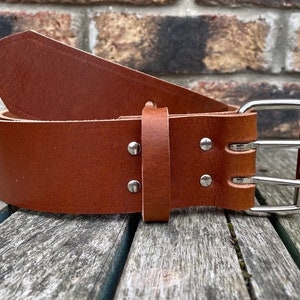Brandy 2 Pronged Buffalo Leather Handmade Plain Belt 3.5-4mm Thick Full Grain 1 1/2&quot; (38mm) or 2&quot; (50mm) Wide Leather
