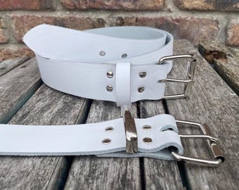 White Real Leather Belt with Nickel Plated Steel Roller Buckle 3/4" (19mm) - 2" (50mm) wide Handmade from leather whole butt splits