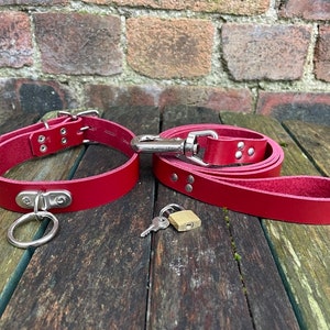 Leather D & O-Ring Lockable 1 wide Choker and Padlock with or without 3/4 wide Leash Necklace Choice of Colours Hand Made Real Leather Red