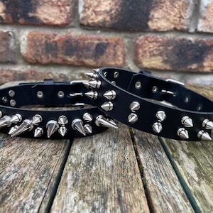 May include: Two black leather collars with silver spikes. The collars are on a wooden surface.