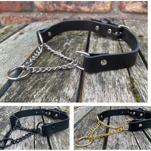 Real Leather Martingale Chain Choker Necklace Choice of Leather & Chain Colour Handmade Goth Punk Black