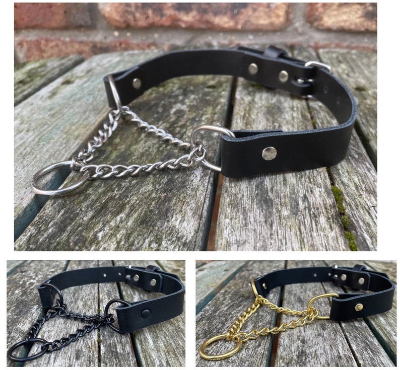 Echt leer Martingale ketting choker ketting keuze uit leer & ketting kleur handgemaakte Goth Punk Zwart